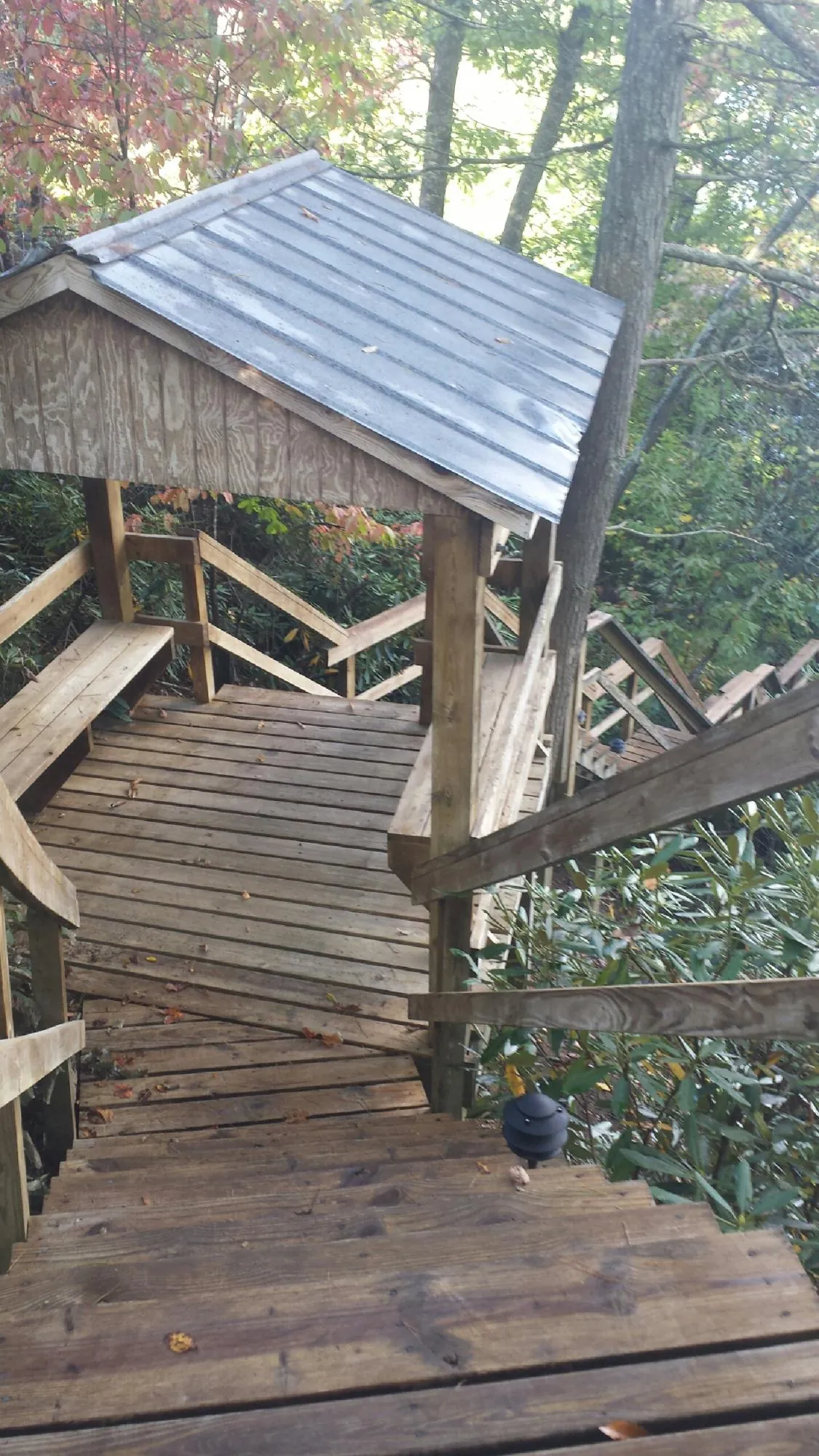 Metal roofed shelter over wooden steps on a wooded walkway — Skylight Repair & Installation work by our crew in Pearblossom